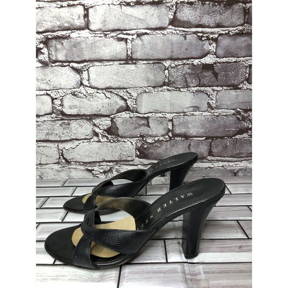 Walter Steiger Black Leather Python Print Heel Sandals Women’s Sz 8.5B US/39EU - Picture 1 of 16